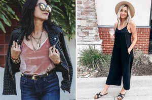 reviewer wearing pink velvet tank top with leather jacket over it and another reviewer posing in black jumpsuit