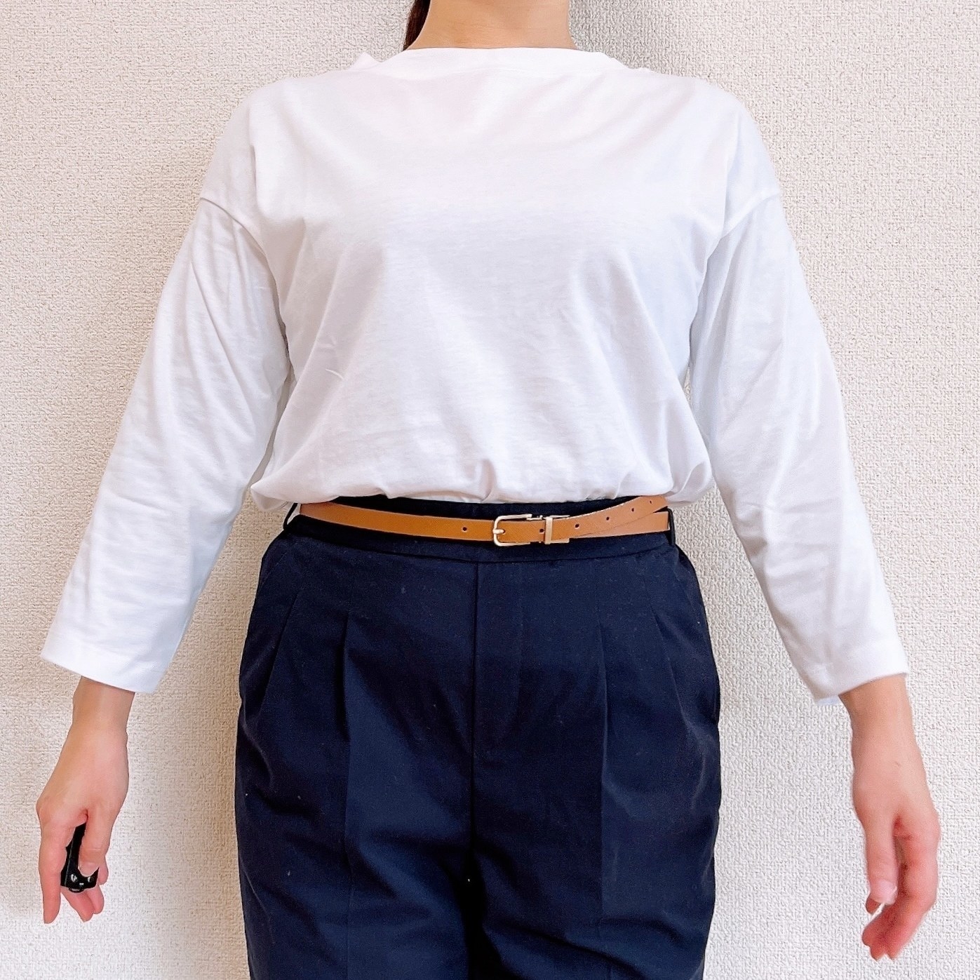 無印良品のオススメレディースファッション「天竺編みボートネック七分袖Tシャツ」のコーディネート