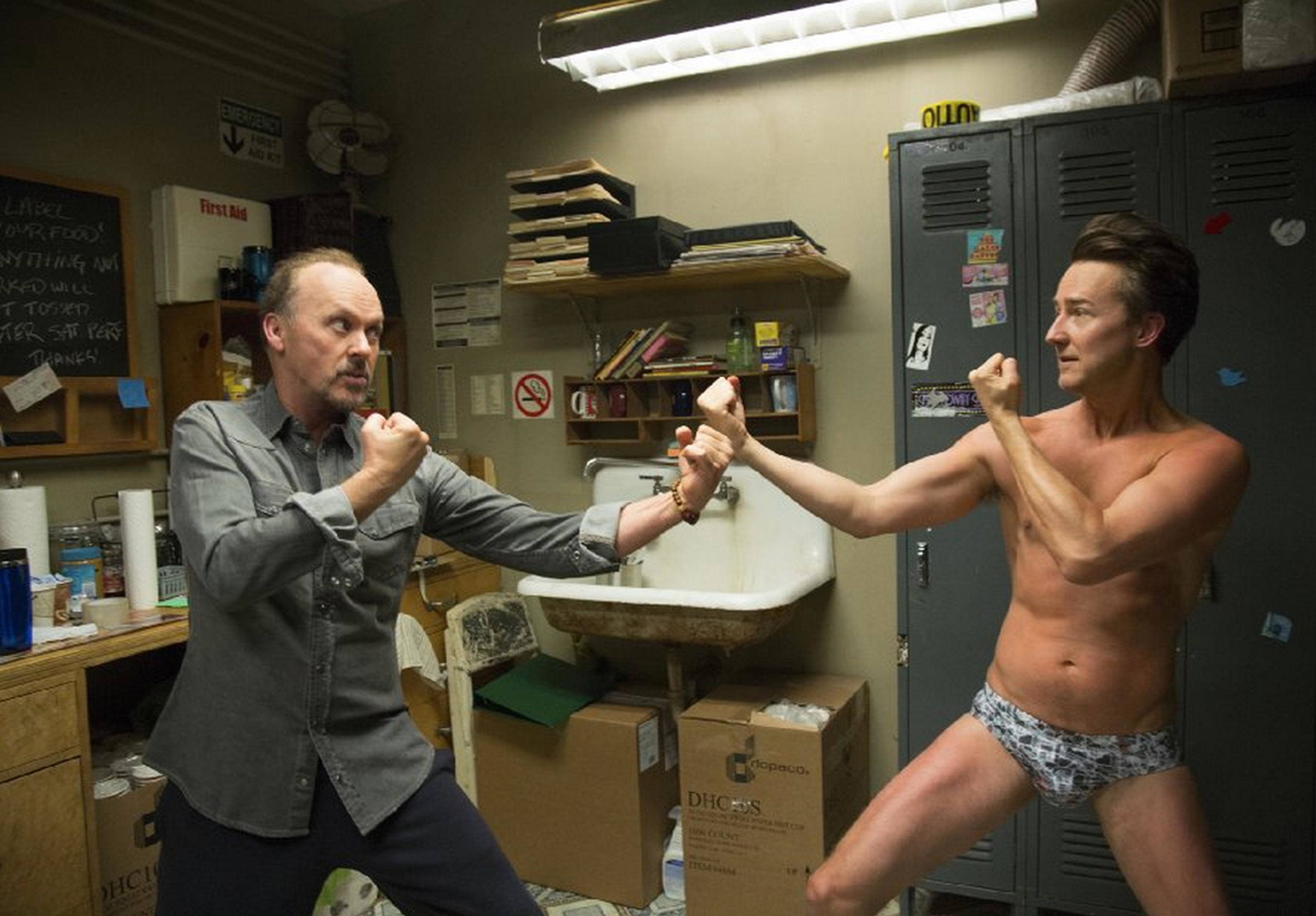 An actor attempts to fight a nearly nude rival