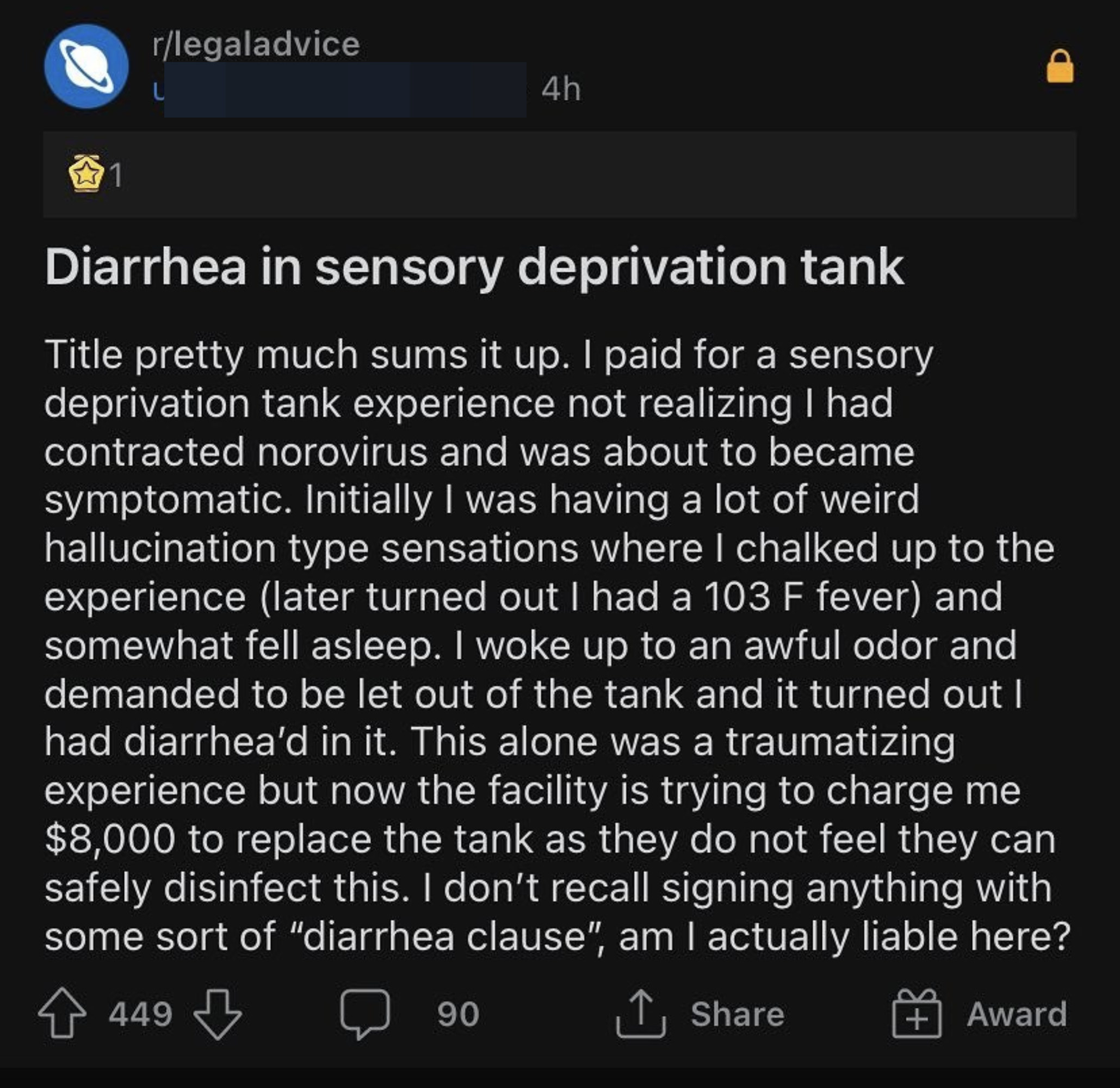 story about a guy getting diarrhea in a sensory deprivation tank