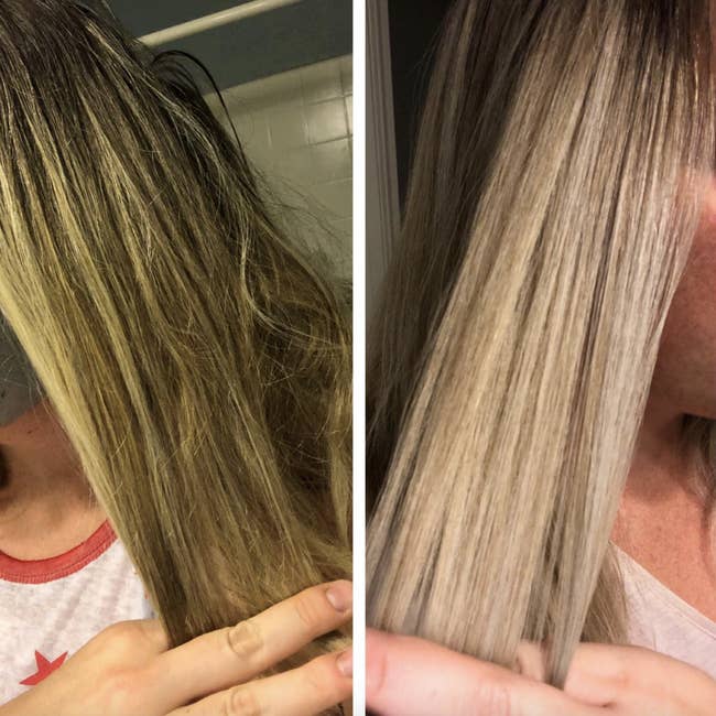 Reviewer's before-and-after of their hair looking yellow and brassy compared to it looking much more smooth and light blonde
