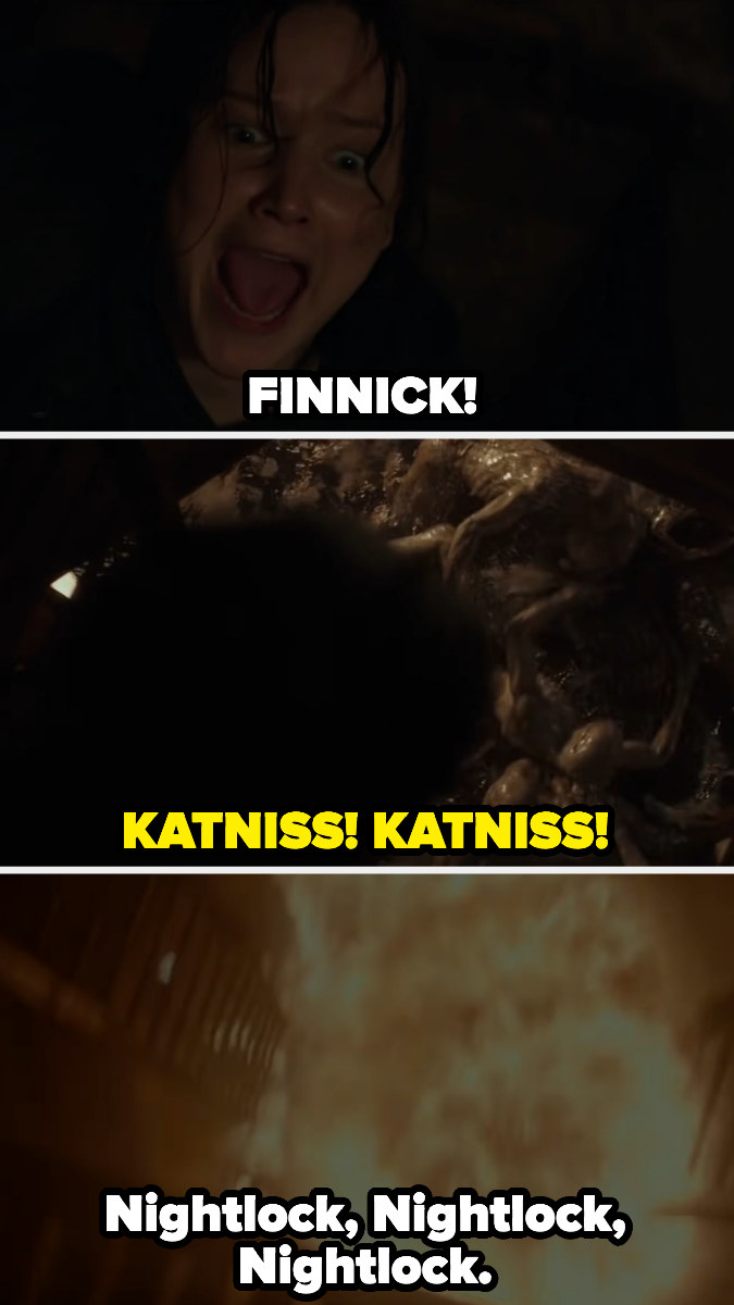 woman screaming for Finnick and Finnick calling for Katniss before he dies
