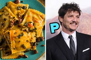 On the left, some ravioli, and on the right, Pedro Pascal with a P typed next to his head