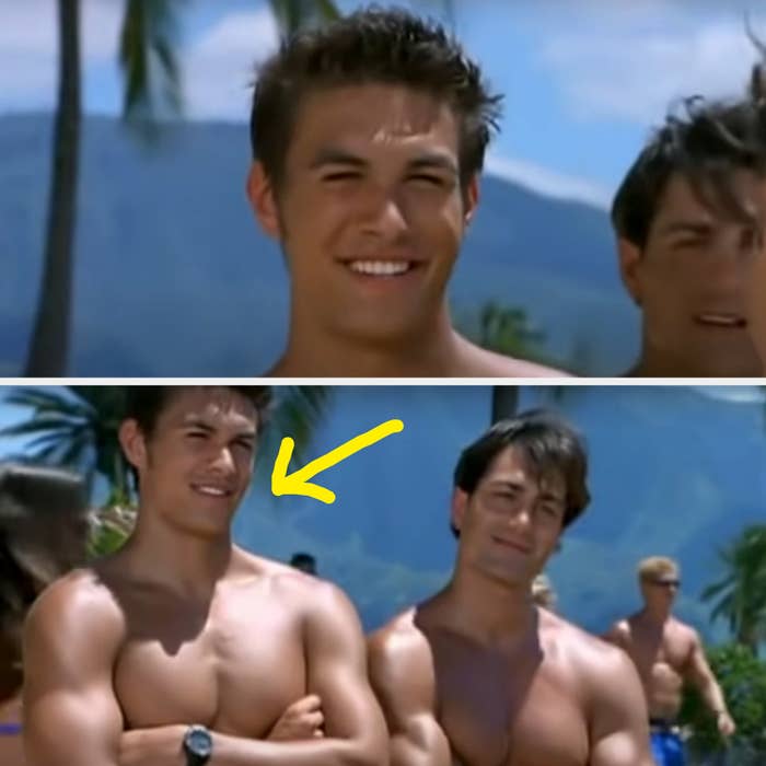 arrow pointing to a shirtless and short-haired jason