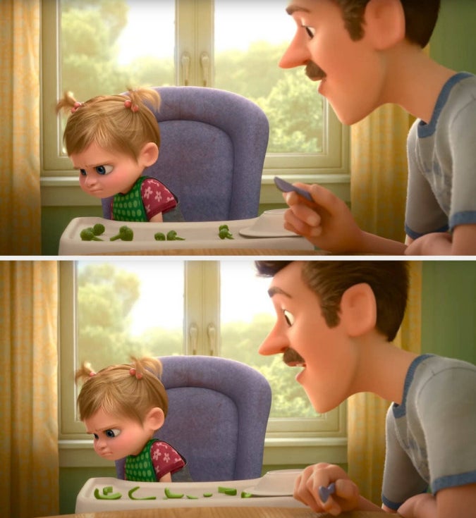 Two different versions of a scene from Inside Out, one with broccoli and the other with green pepper