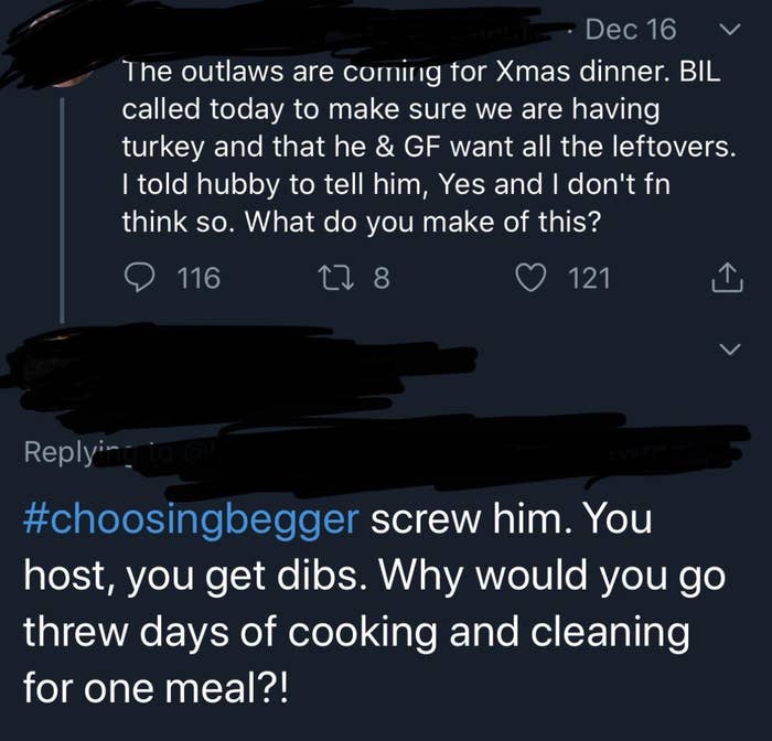 person asking what to think of their brother in law and his gf asking for all the leftovers after thanksgiving