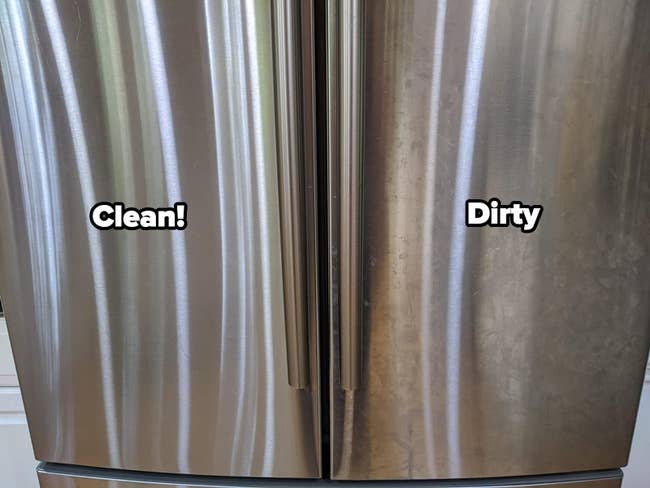 reviewer photo comparing the clean left side of a stainless steel fridge to the dirty right side