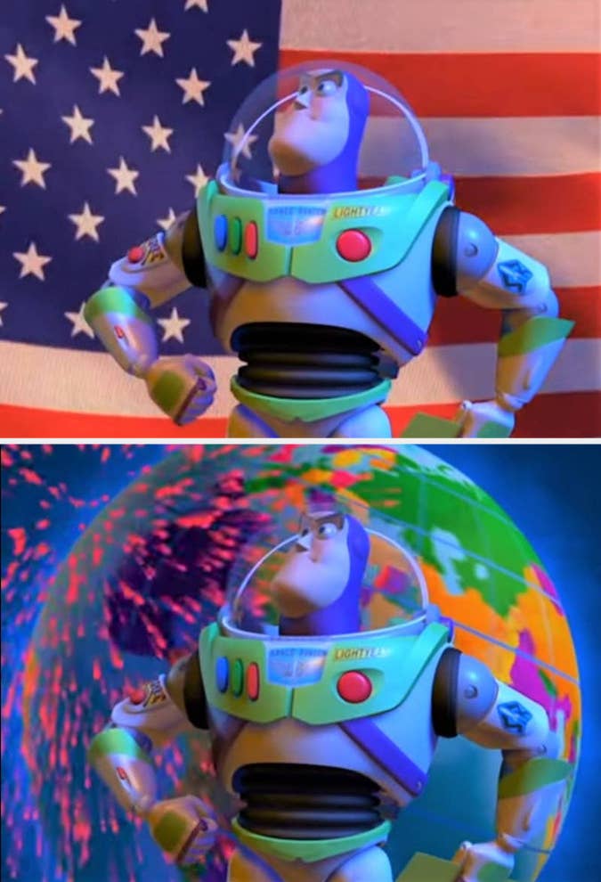 Buzz Lightyear in front of an American flag vs image of the globe