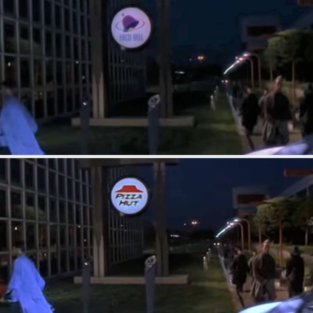 Two different versions of a scene from Demolition Man, one featuring Taco Bell and the other Pizza Hut