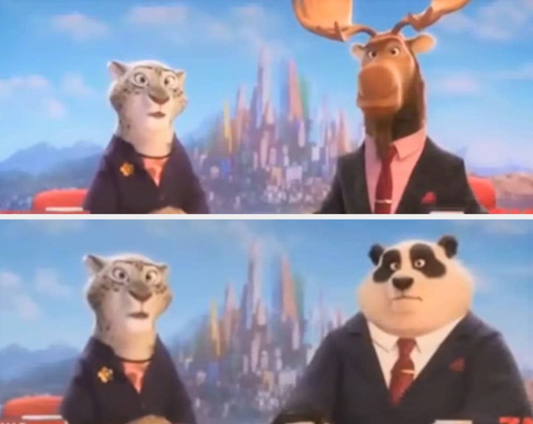 Two different versions of a scene from Zootopia, one with a moose and the other with a panda