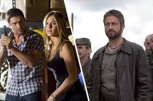 A man in a striped polo shirt holds a gun in a warehouse next to a blonde woman in a tanktop / A military leader stares intensely into the distance