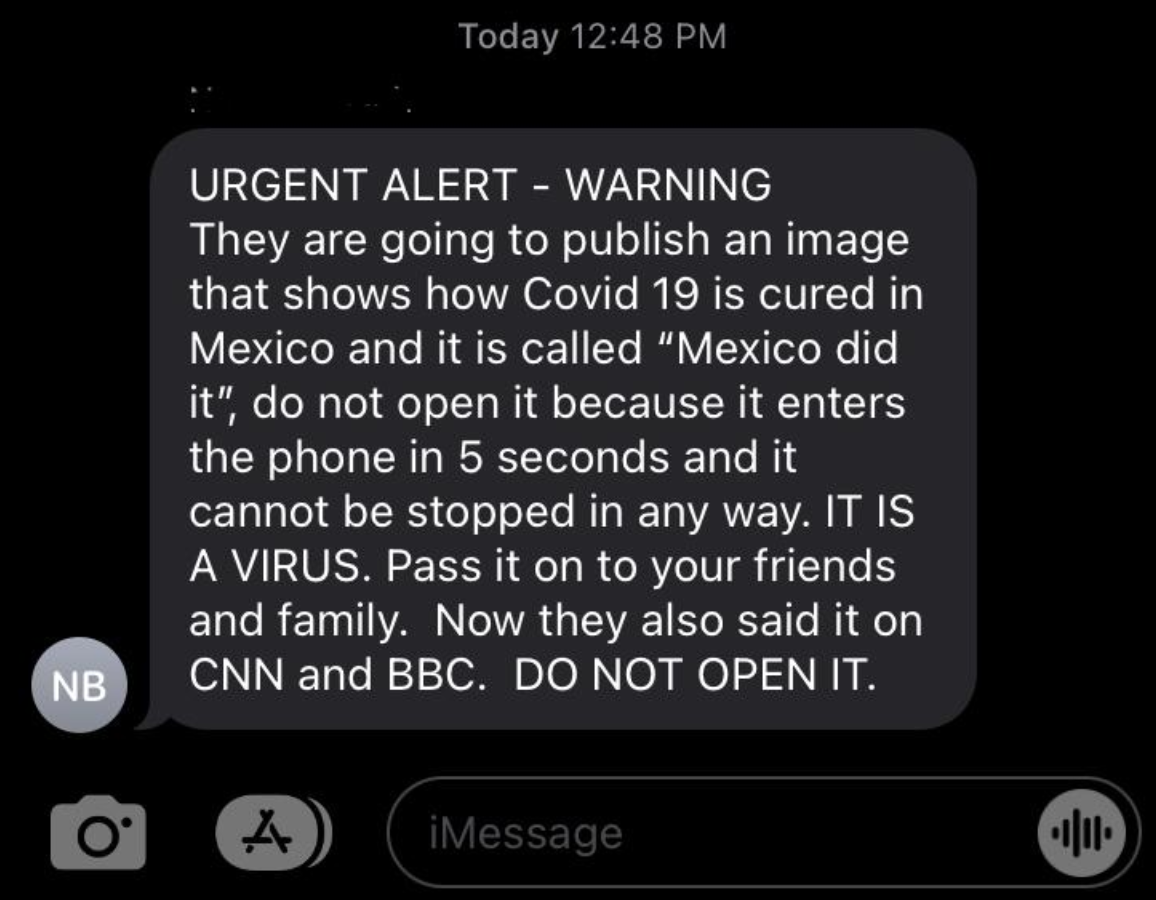mom sending a chainletter text warning about a phone virus