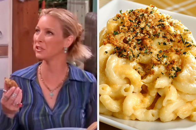 On the left, Phoebe from Friends eating a cookie, and on the right, mac and cheese topped with herbs and bread crumbs