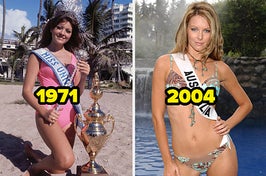 A side-by-side of Miss Universe 1971 and Miss Universe 2004 in swimsuits