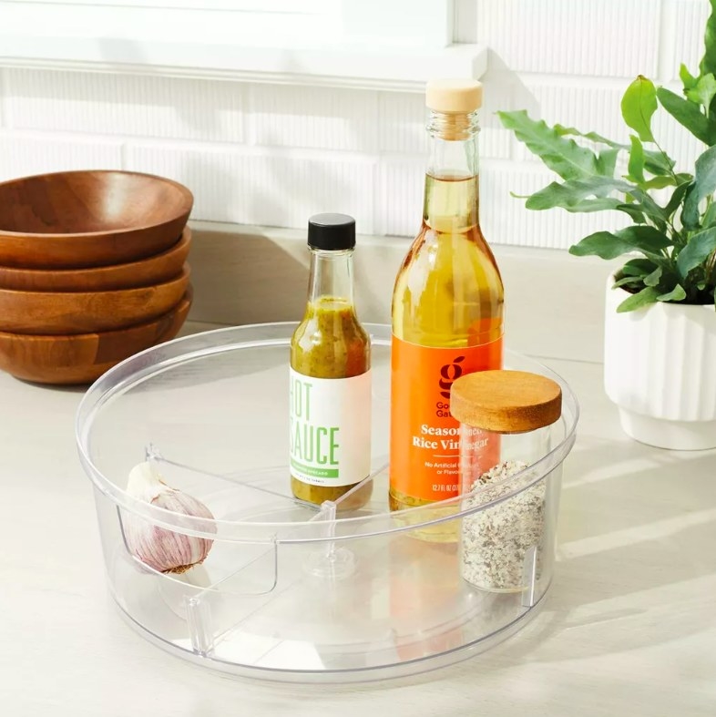 Pantry items in a plastic lazy Susan turntable