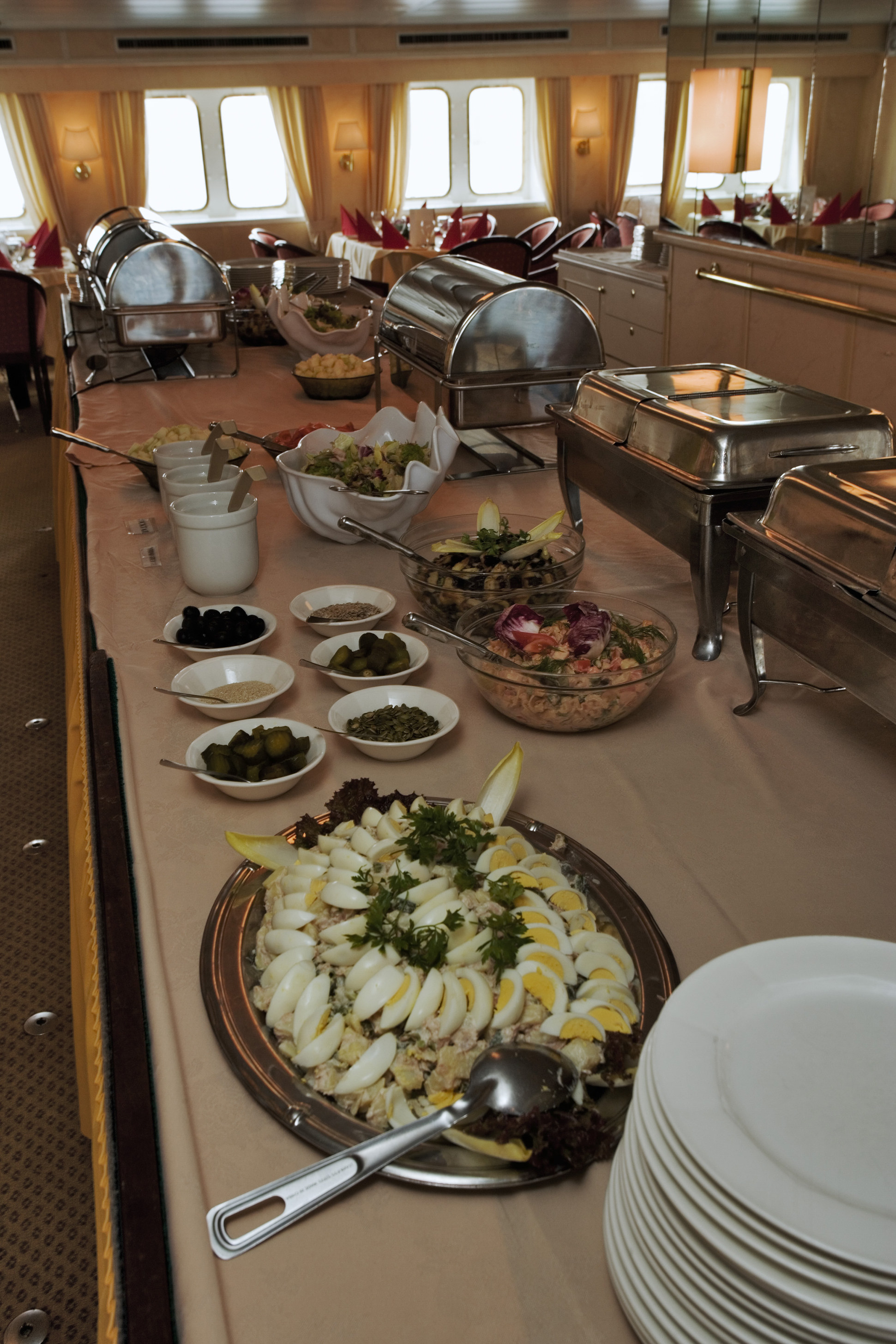 A buffet display on a ship