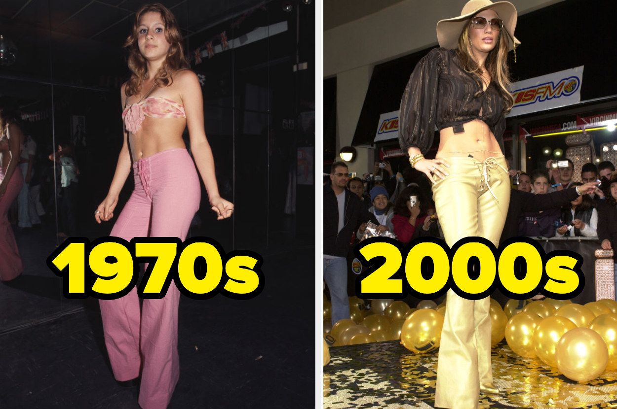 Women wearing 1970s and 2000s hip-hugger bell bottoms