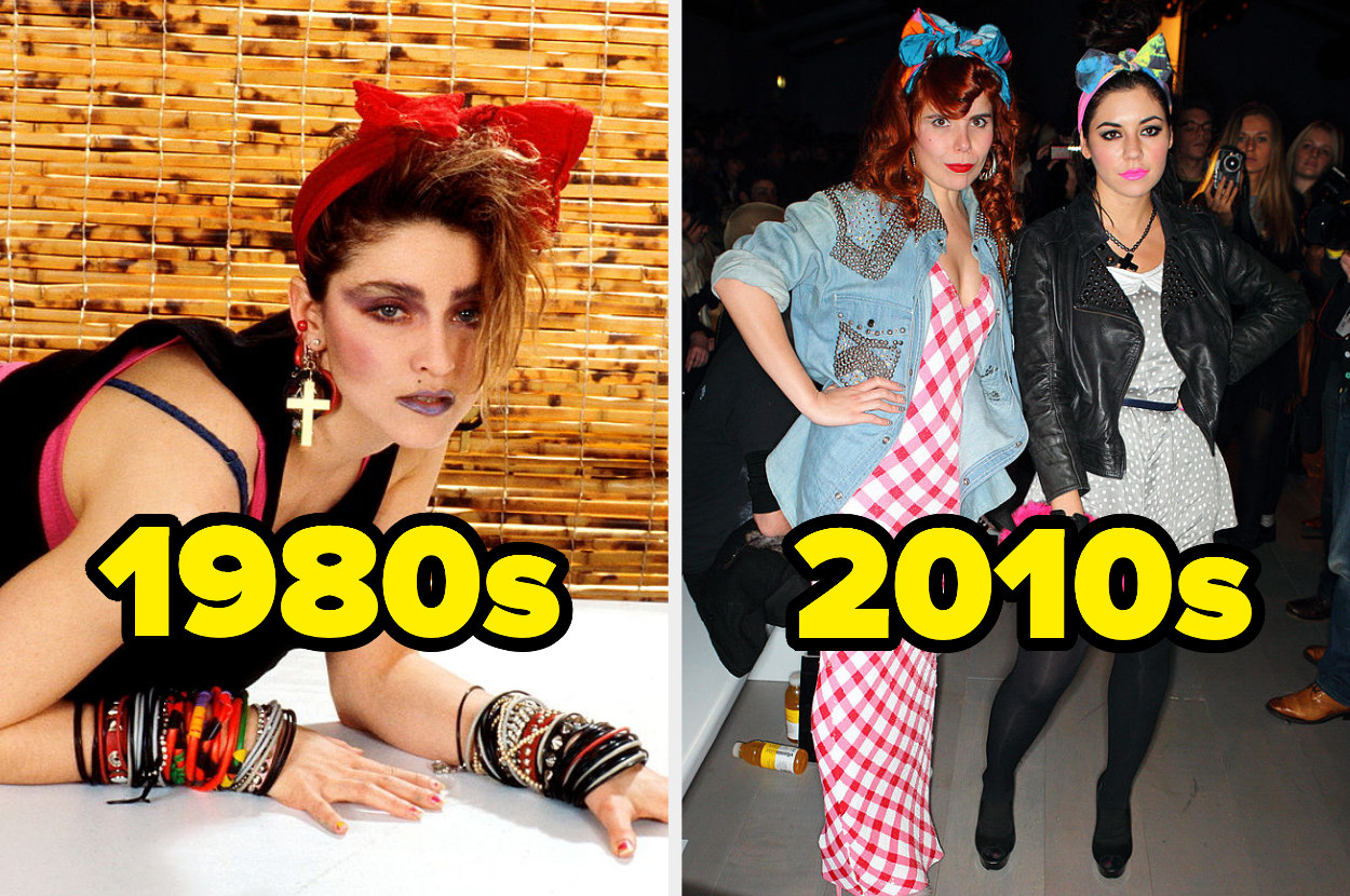 Madonna wearing &#x27;80s stacked bracelets, large earrings, and a large hair ribbon, and two women wearing 2010s hair ribbons and jean/leather jackets