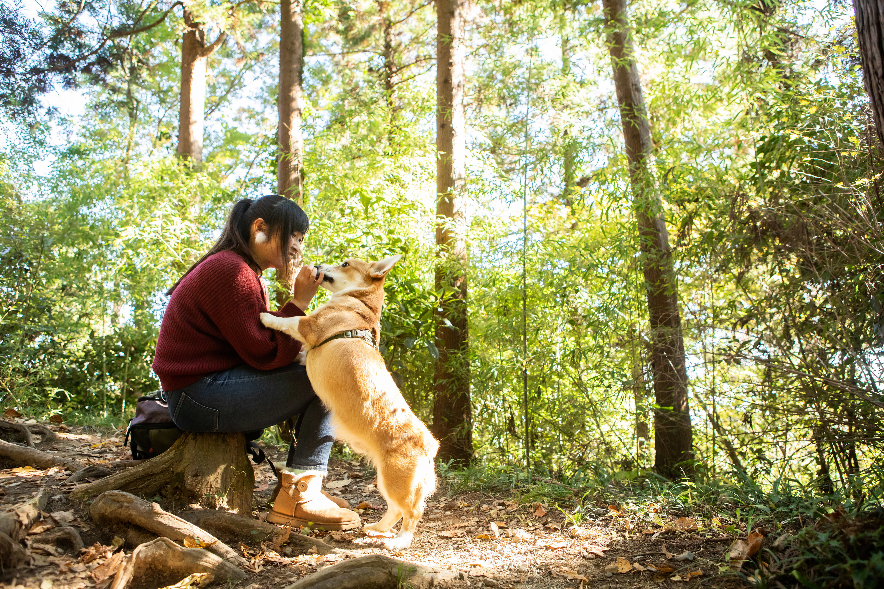 a woman and her dog hiking