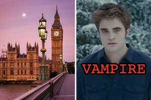 On the left, Big Ben at dusk, and on the right, Edward Cullen labeled vampire