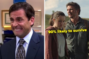 On the left, Michael from The Office wincing, and on the right, Ellie and Joel from The Last of Us labeled 90 percent likely to survive