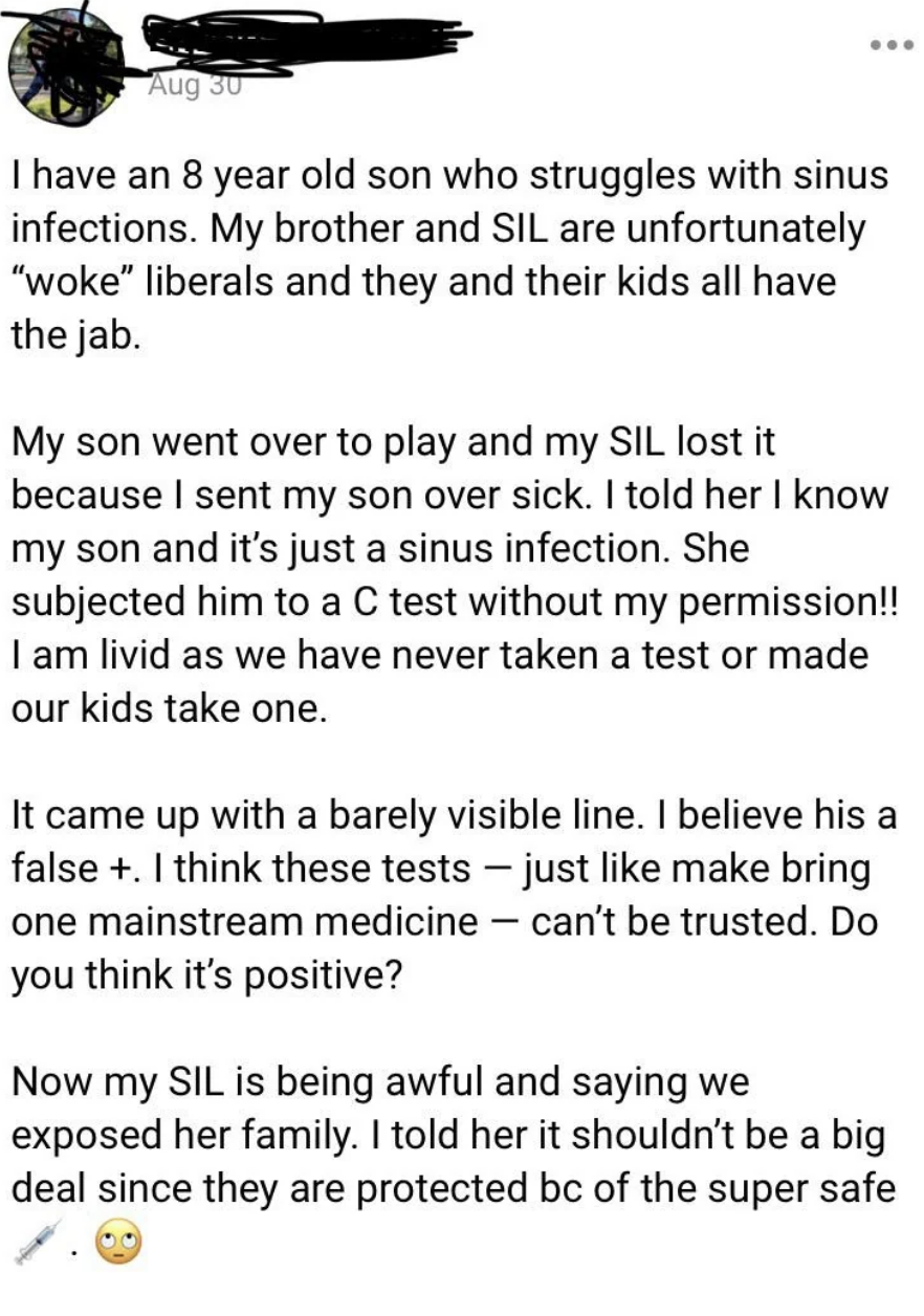 mom mad that her kid got tested at her brother&#x27;s house after she sent her son to play at their house knowing he was sick