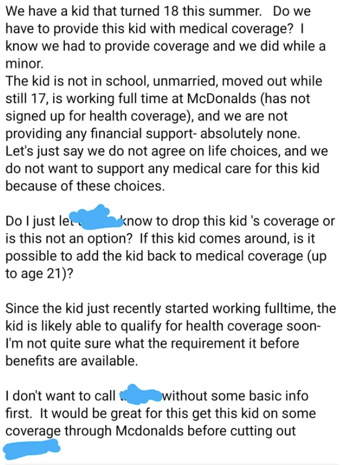 mom asking if it&#x27;s ok to cut their child off from their health insurance since they are 18 and not living with them