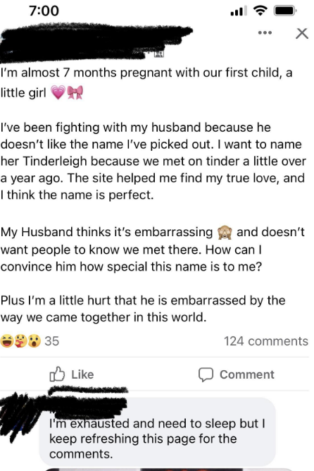 mom wanting to name her child Tinderleigh to commemorate her and her husband meeting on Tinder
