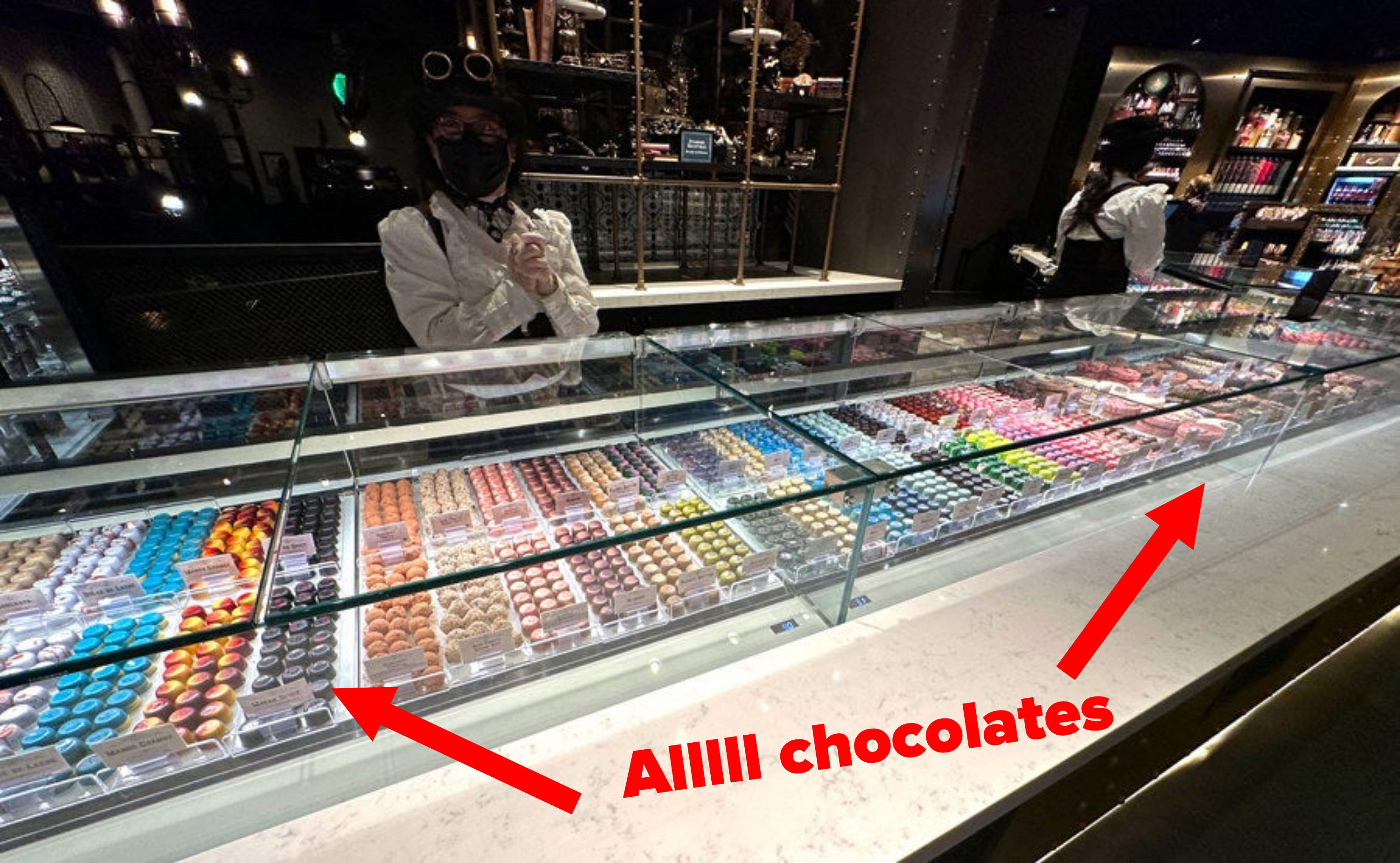 A candy counter with rows and rows of different chocolate truffle flavors