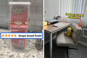 a bread keeper/dispenser and an armless desk chair