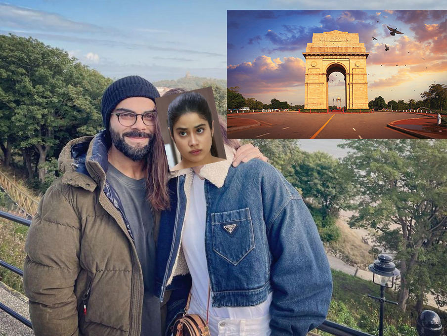 Virat Kohli and Anushka Sharma smile and pose for a picture with the face of Janhvi Kapoor and a picture of Delhi&#x27;s India Gate superimposed