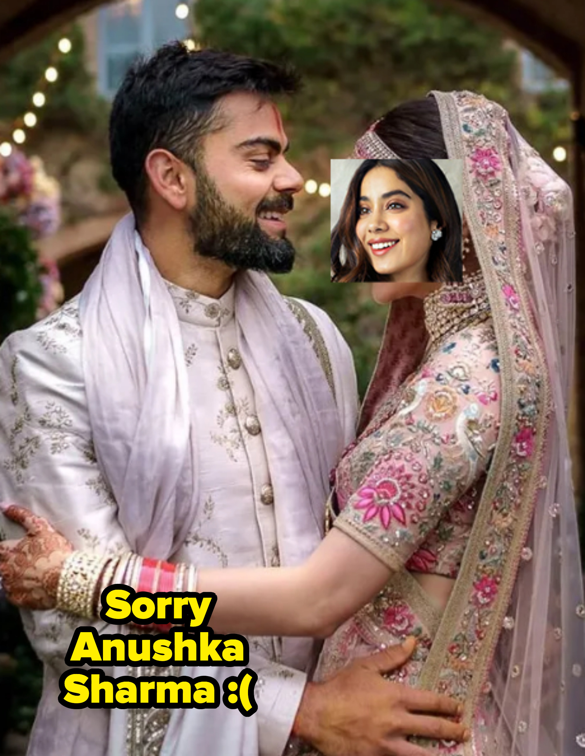 Virat Kohli and Anushka Sharma smile and pose for their wedding picture. A picture of Janhvi Kapoor&#x27;s is superimposed