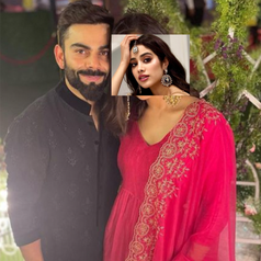 Virat Kohli and Anushka Sharma pose for a picture with Janhvi Kapoor's picture superimposed on it