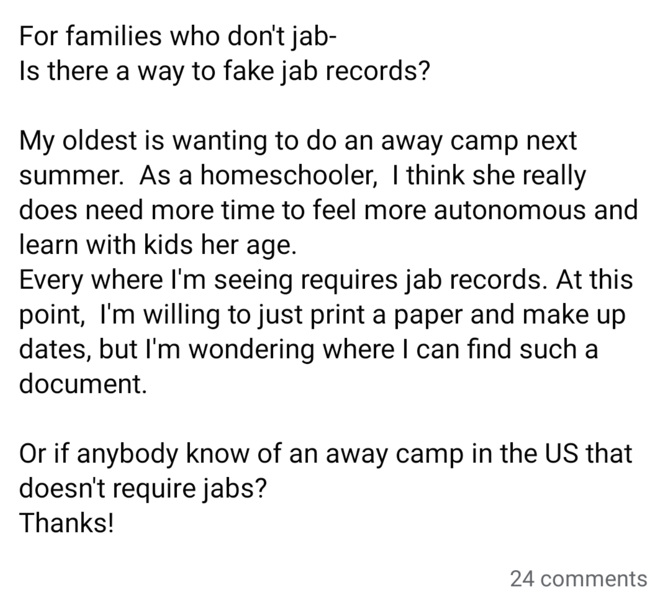 mom asking how to fake a vaccine card so her child can go to an away camp