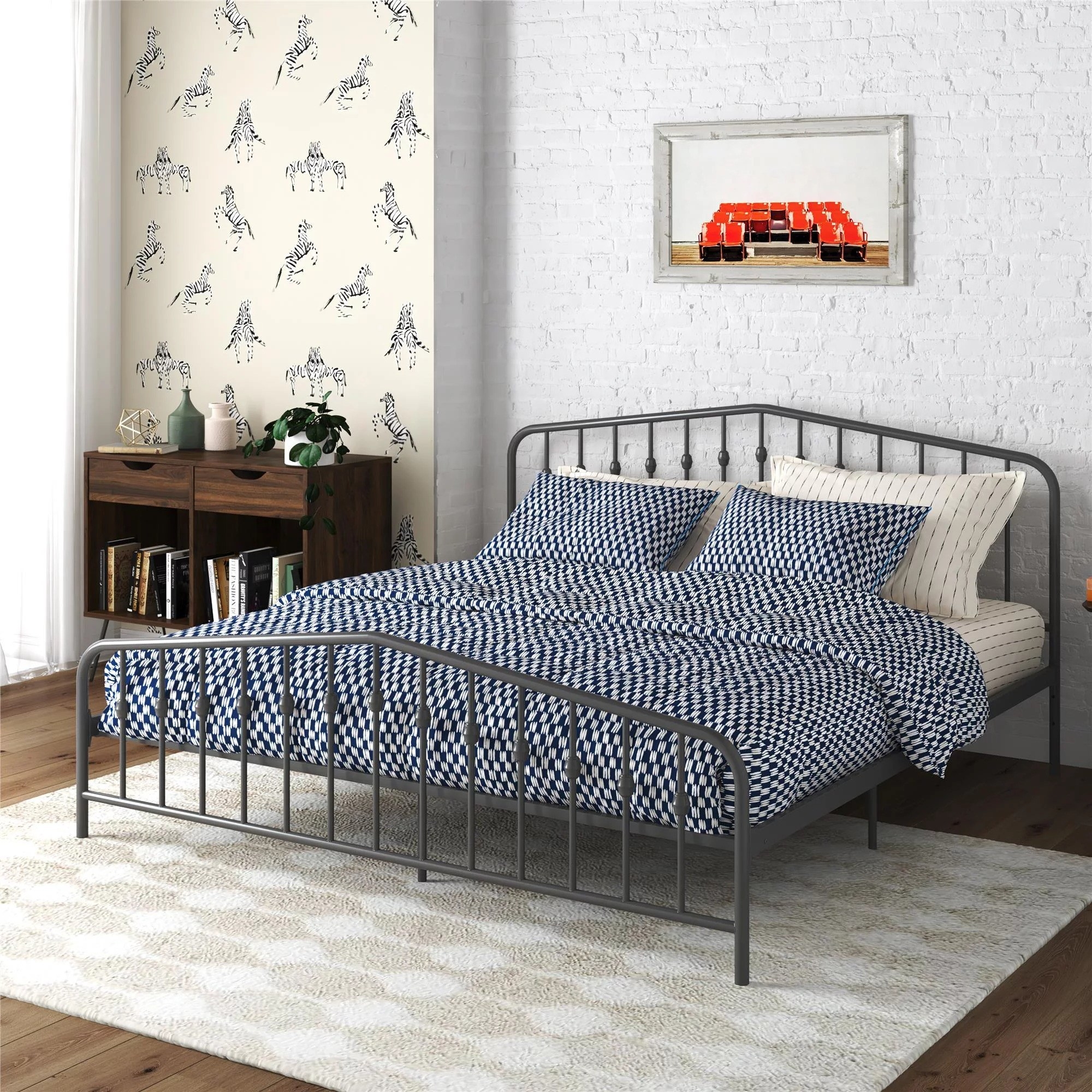 A bed frame set up in a bedroom