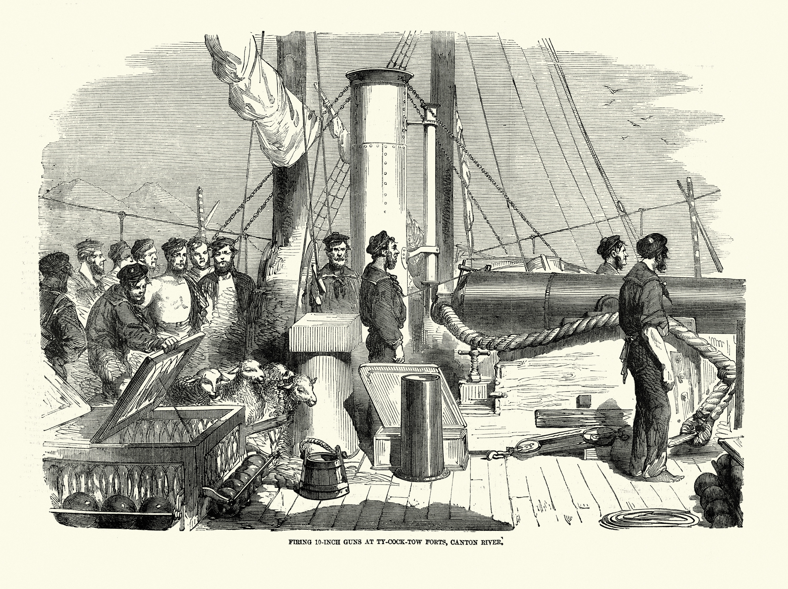 A black and white illustration of a ship with a cannon ready to be fired