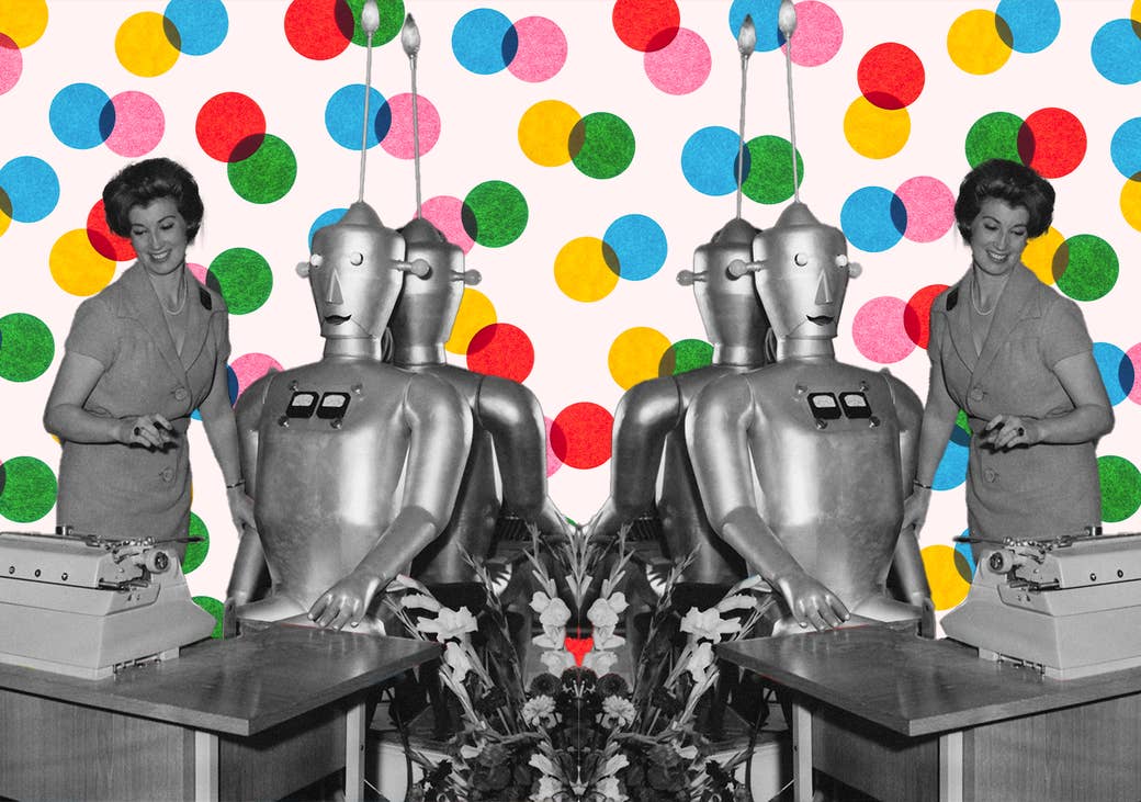 A vintage robot and smiling woman gaze at a typewriter with their images mirrored in front of backdrop of blue, red, yellow, green, and pink dots