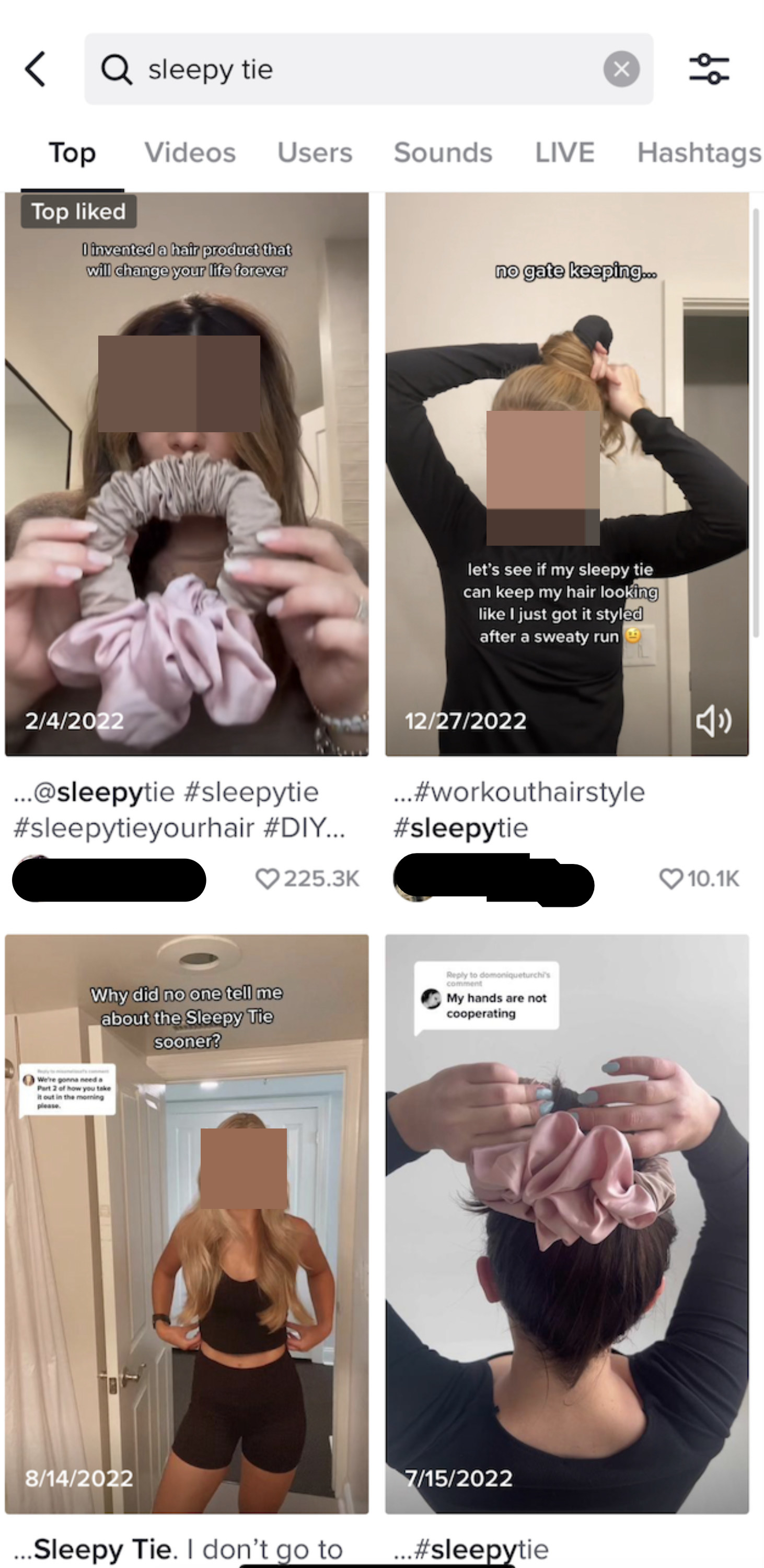 a tiktok screen of different videos trying the sleepy tie
