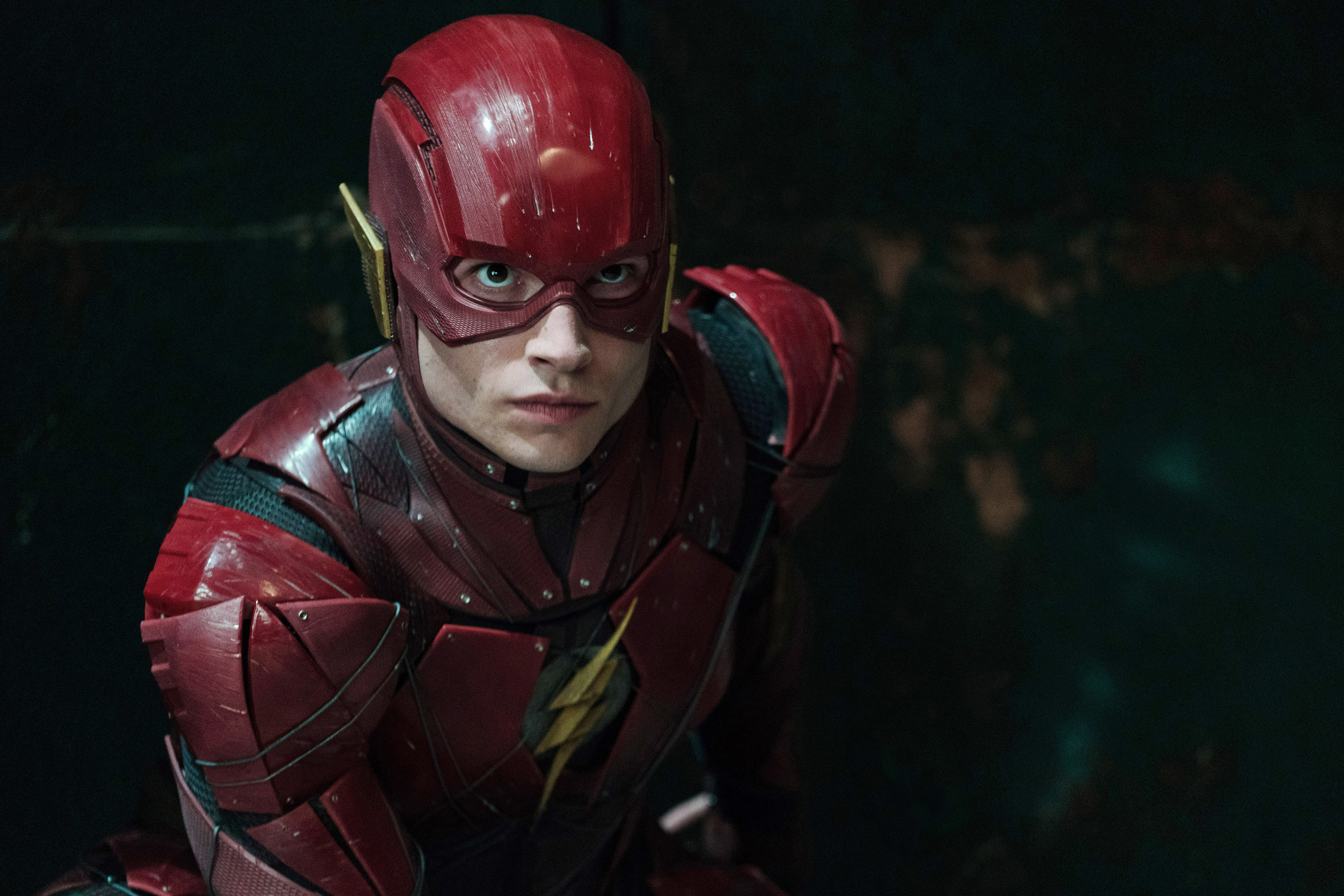 Closeup of Ezra Miller as The Flash