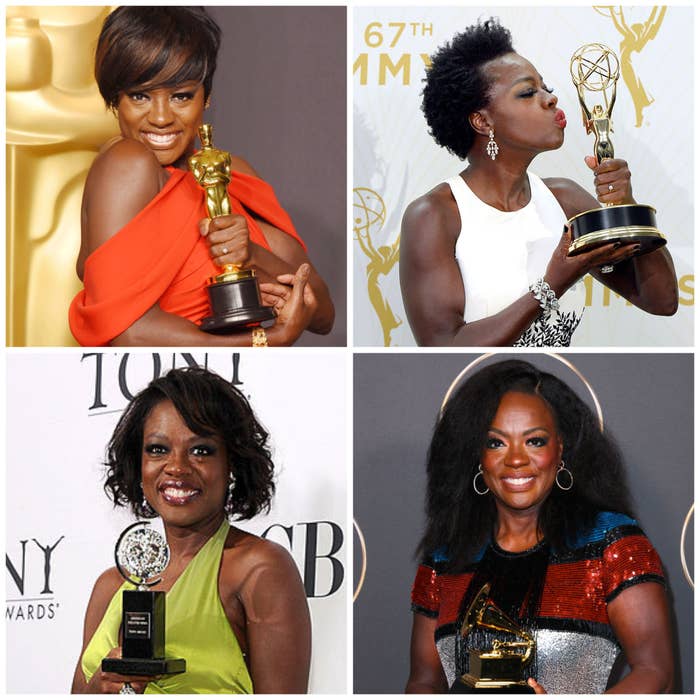 Four images of Viola holding different awards