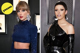 Taylor Swift looks to her left while having her picture taken vs Doja Cat putting her hand on her hip as she poses for a photo