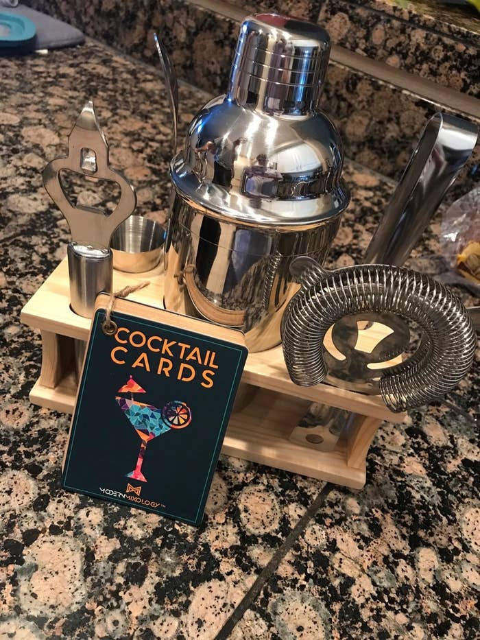 Reviewer&#x27;s cocktail kit in wooden stand