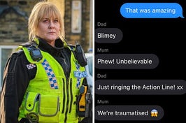 sarah lancashire in happy valley with text messages that read that was amazing phew unbelievable