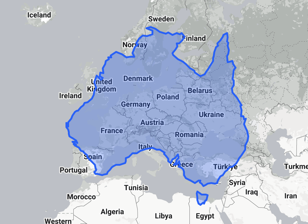 Outline of Australia superimposed over Europe on a map