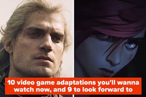 A split thumbnail, with one image showing Henry Cavill as The Witcher and one showing the animated face of Vi from Arcane