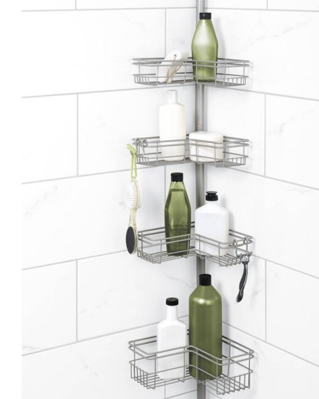 A shower caddy with four tiers with bottles in the tiers