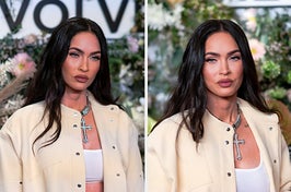 Megan Fox poses for a photo with her head titled to the right vs Megan Fox posing while looking to the right at photographers