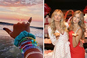 (L) Hand doing a shaka with a sunset and ocean in the background (R) Two VS angels blowing a kiss at the camera