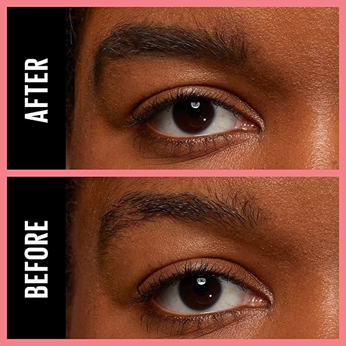 Before and after results showing eyebrows looking more defined after using the pencil