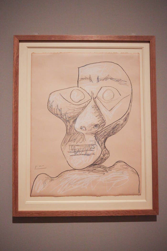 Pablo Picasso self-portrait cubist-style line drawing, with no lifelike facial features